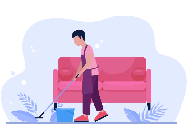 A man performing vacate cleaning on a pink couch with a mop.
