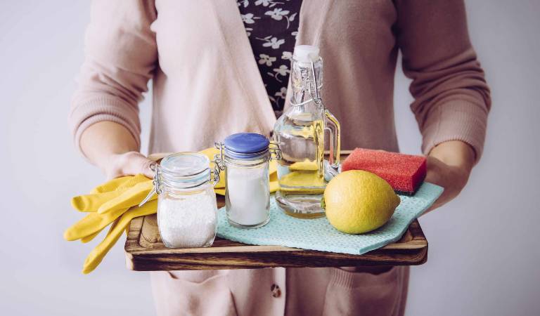 Woman holding a tray of lemon, bottle, gloves and some powders