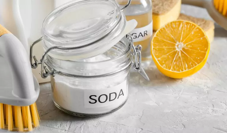 backing soda and lemon and other natural cleaners in a frame