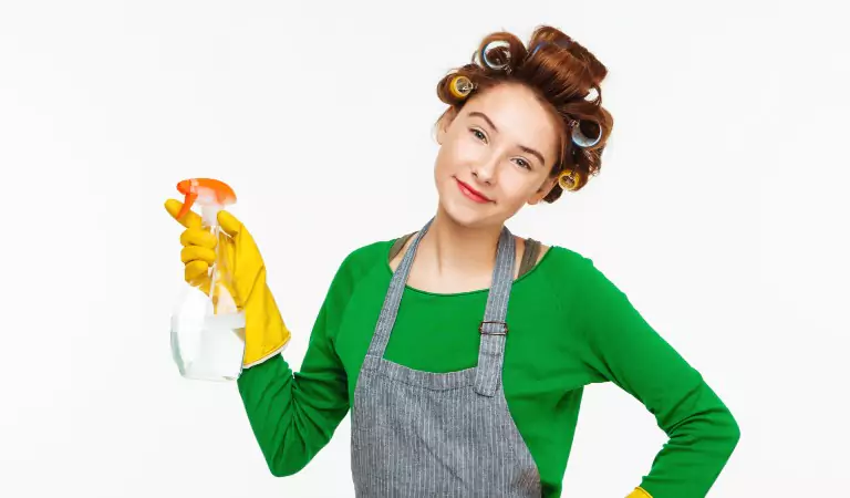 young woman is looking ready to clean her house