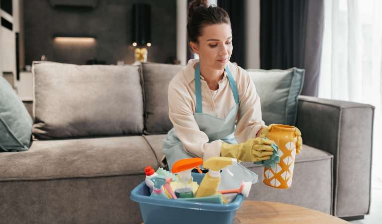 Woman is cleaning pot with a cloth and a basket filled with tools, products on the table.