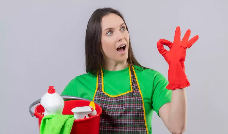 Young woman with some cleaning supplies ready to clean