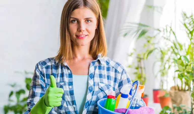 young woman is ready to clean her entire house