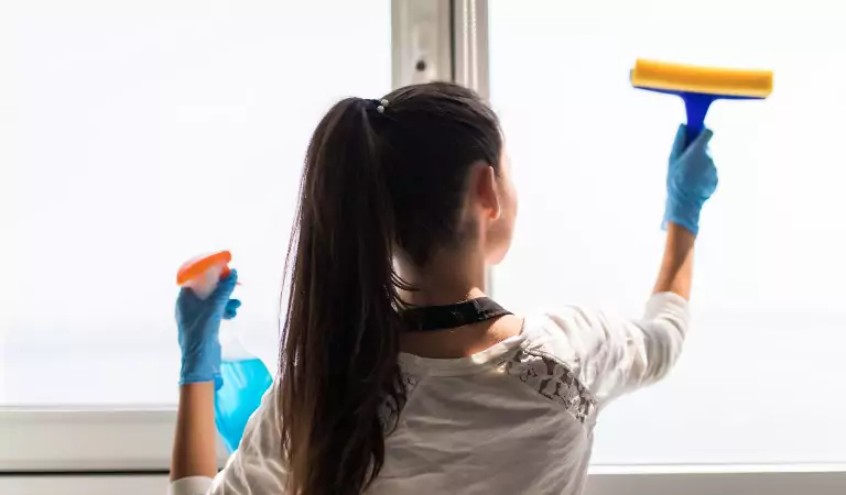 young woman cleaning the window glasses