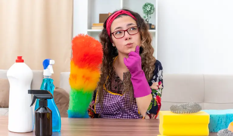Woman in spectacles and purple gloves thinking something with lots of cleaning tools on the table.