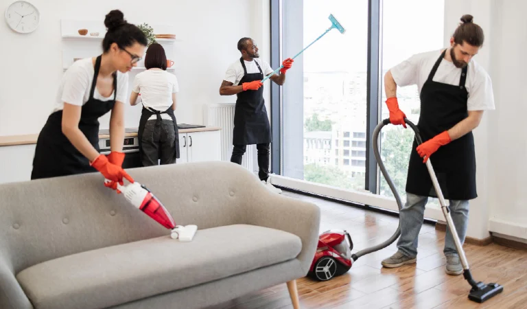 Team of service workers cleaning sofa carpet and window