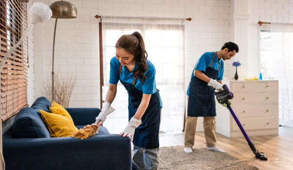 young man and woman cleaning service worker cleaning living room
