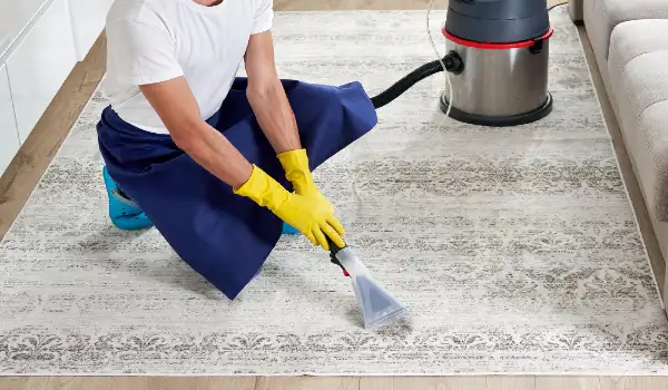 professional cleaning service man worker cleaning a carpet