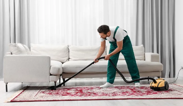 Dry cleaners employee hoovering carpet with vacuum cleaner in room