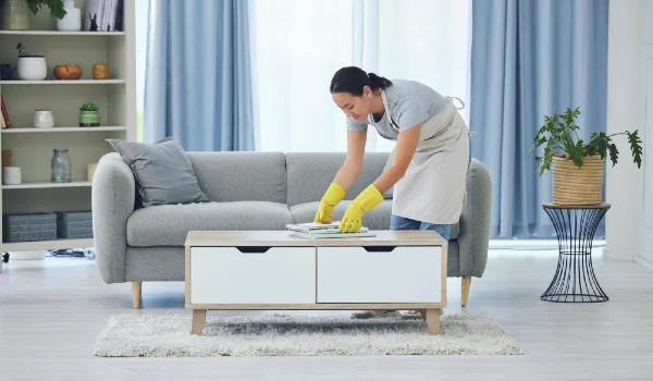 Cleaning tidy and woman by table in living room for organising remove dirt or doing chores in home