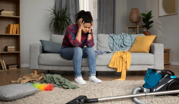 tired sad millennial black lady sit on sofa holding her head while vacuum cleaner on floor