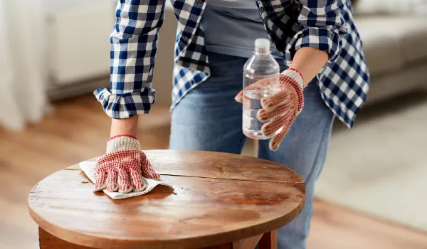 Woman degreasing old table surface