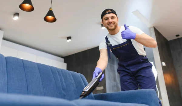 Housekeeper holding modern washing vacuum cleaner and cleaning dirty sofa with stain with professionally detergent professional springclean at home concept