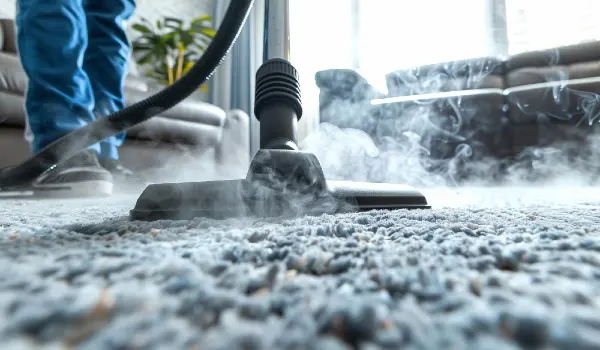 Steam cleaner removes dirt from carpet dirty