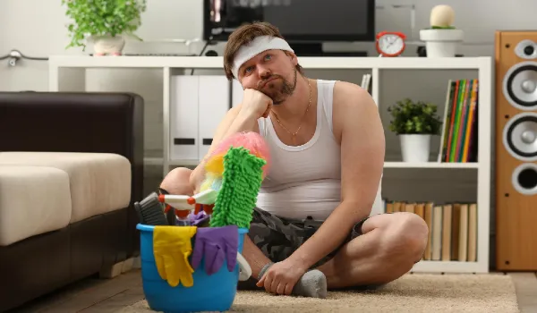 The man was left alone at home sadness and cleaning products